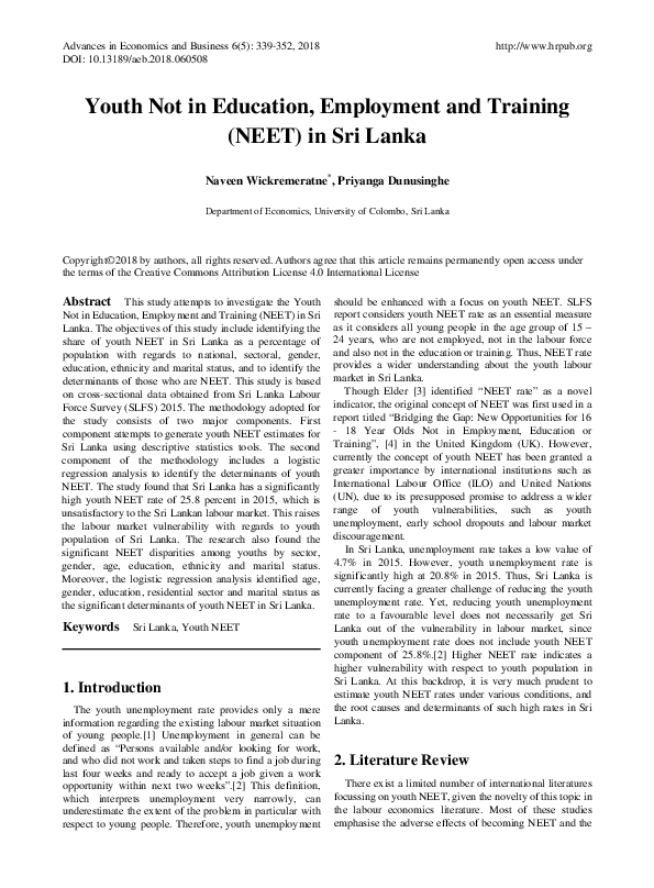 (PDF) Youth Not in Education, Employment and Training (NEET) in Sri Lanka