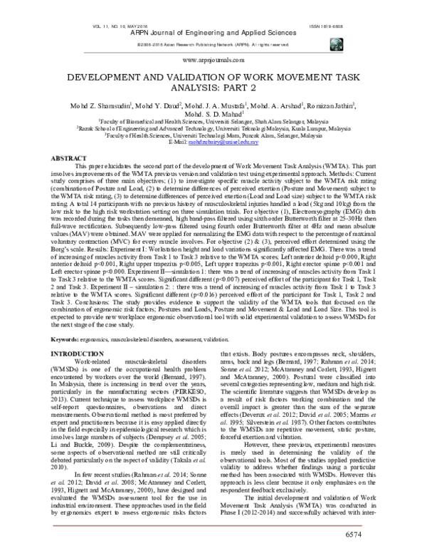 (PDF) Development and Validation of Work Movement Task Analysis Part 1