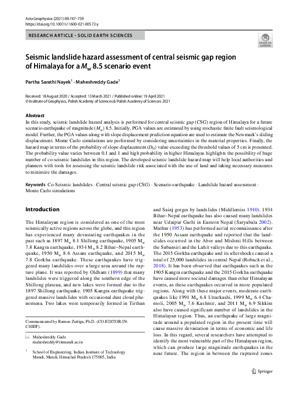 (PDF) Seismic landslide hazard assessment of central seismic gap region ...