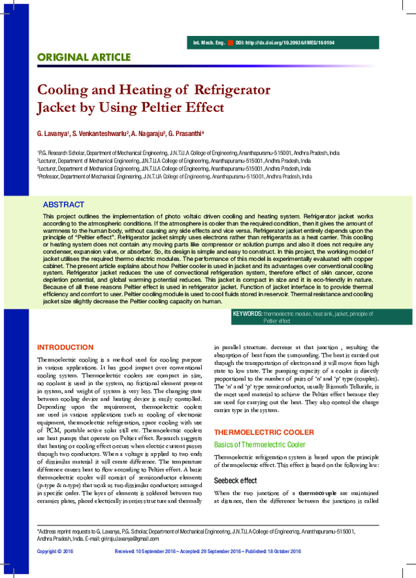 (PDF) Cooling and Heating of Refrigerator Jacket by Using Peltier