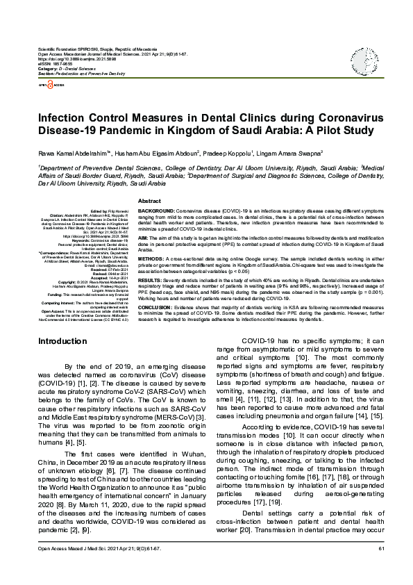 (PDF) Infection Control Measures in Dental Clinics during Coronavirus ...