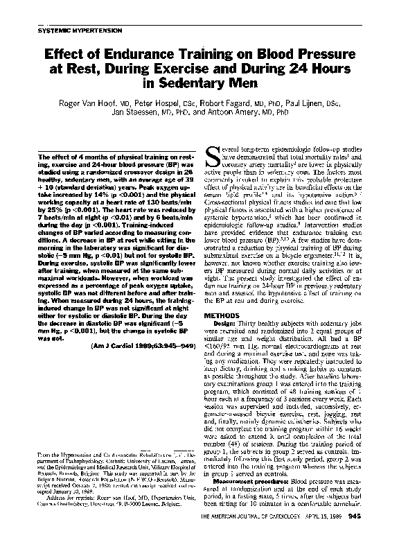 (PDF) Effect of endurance training on blood pressure at rest, during ...