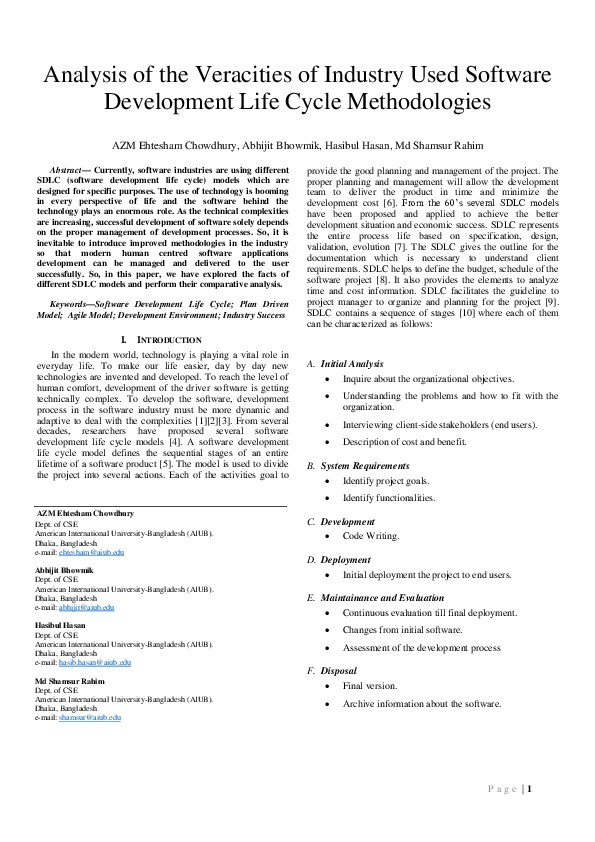 (PDF) Analysis of the Veracities of Industry Used Software Development ...