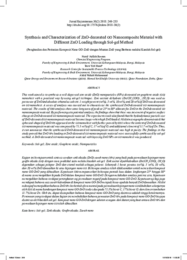 (PDF) Synthesis and Characterization of ZnO-decorated GO Nanocomposite ...