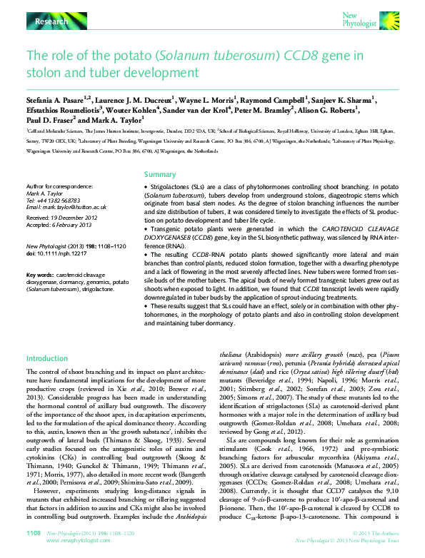 (PDF) The role of the potato ( Solanum tuberosum ) CCD8 gene in stolon ...