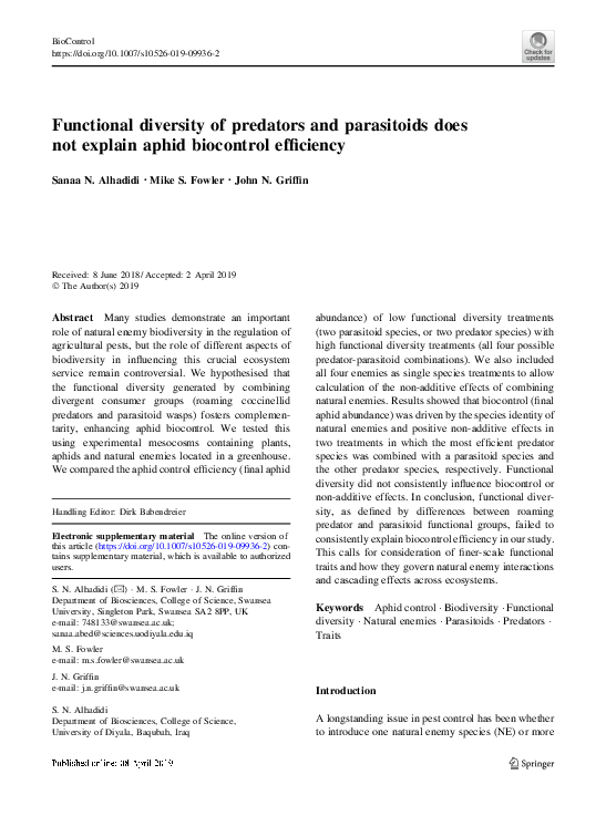 (PDF) Functional diversity of predators and parasitoids does not ...