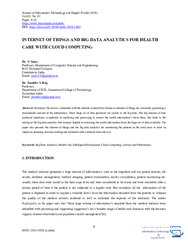(PDF) Internet of Things and Big Data Analytics for Health Care with ...