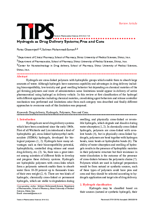 (PDF) Hydrogels as Drug Delivery Systems; Pros and Cons