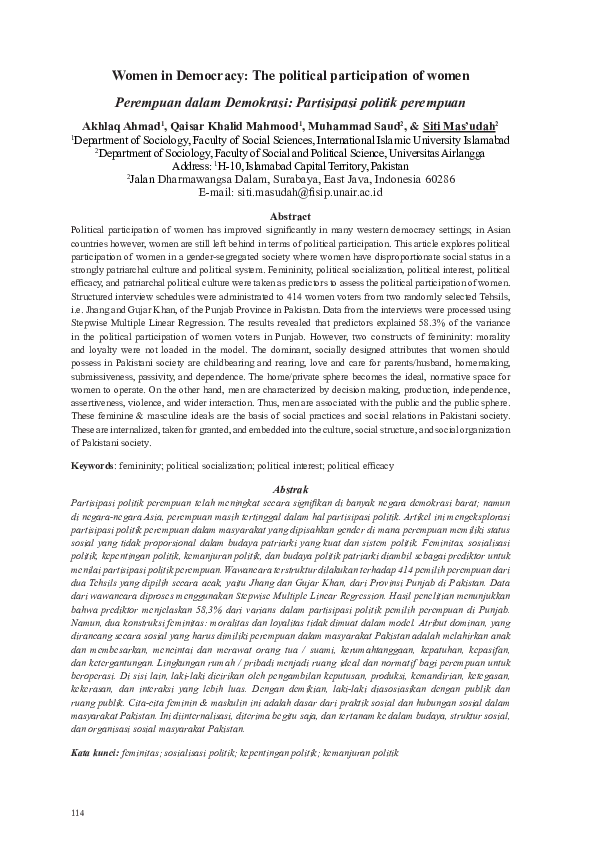 (PDF) Women in Democracy: The political participation of women