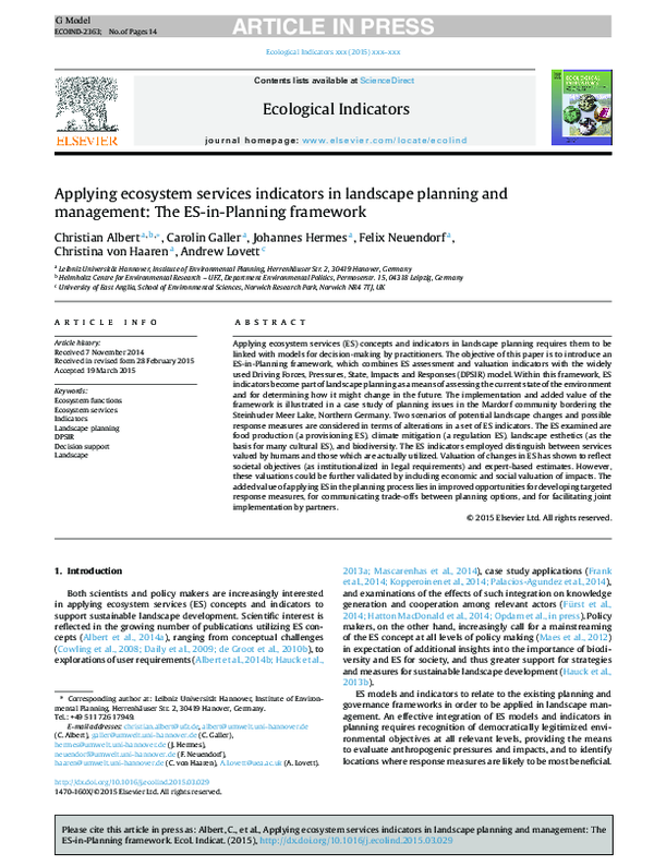 (PDF) Applying ecosystem services indicators in landscape planning and ...