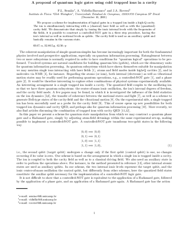 (PDF) A proposal of quantum logic gates using cold trapped ions in a cavity