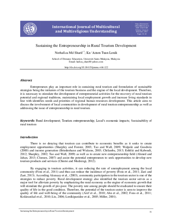 (PDF) Sustaining the Entrepreneurship in Rural Tourism Development
