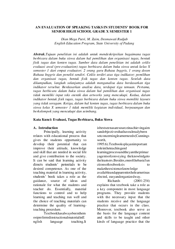 (PDF) An Evaluation of Speaking Tasks in Students’ Book for Senior High ...
