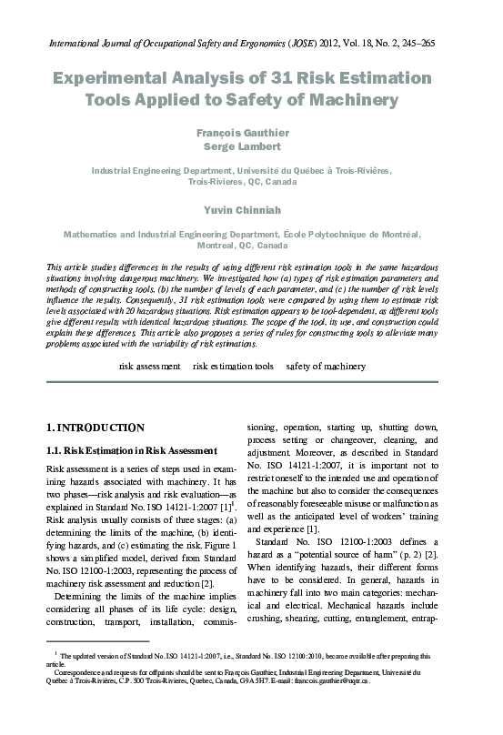 (PDF) Experimental analysis of 31 risk estimation tools applied to ...