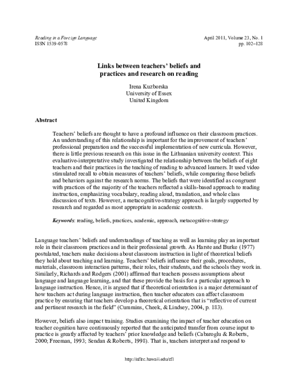 (PDF) Links between teachers' beliefs and practices and research on reading