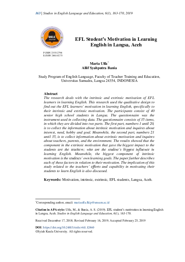 (PDF) EFL student’s motivation in learning English in Langsa, Aceh