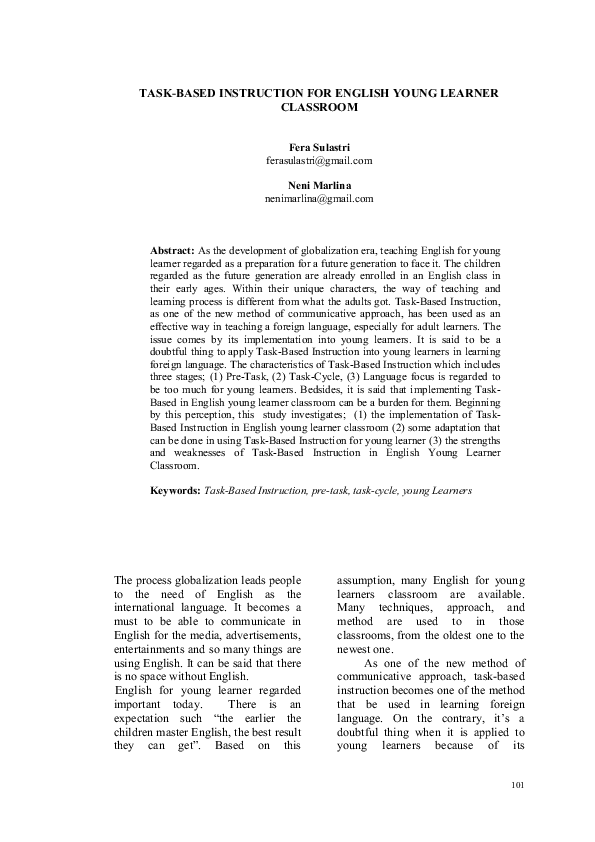 (PDF) Task-Based Instruction for English Young Learner Classroom