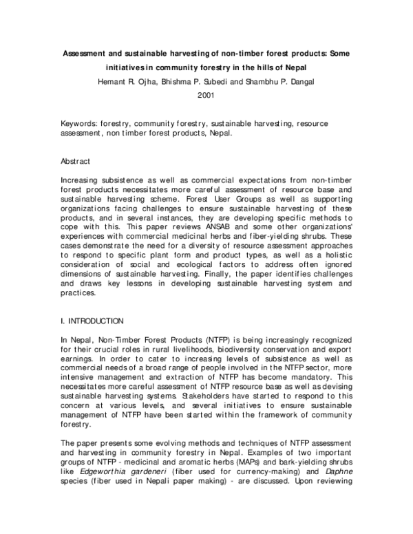 (PDF) Assessment and sustainable harvesting of non-timber forest ...