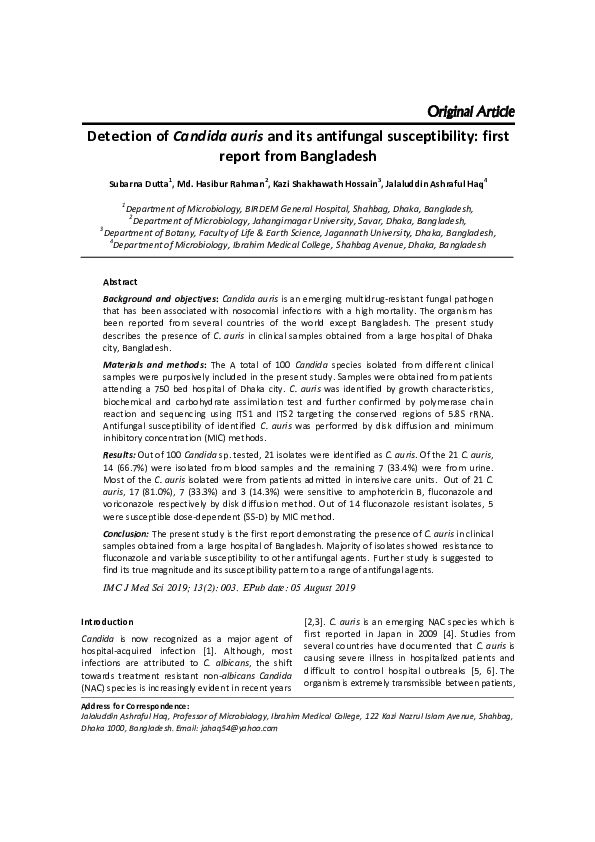 (PDF) Detection of Candida auris and its antifungal susceptibility ...