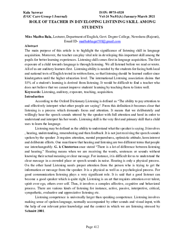 (PDF) ROLE OF TEACHER IN DEVELOPING LISTENING SKILL AMONG STUDENTS