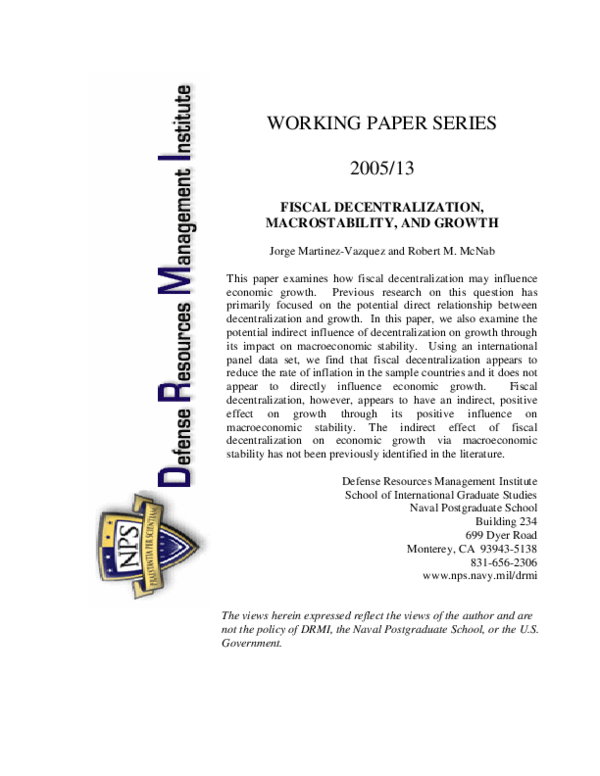 (PDF) Working Paper Series 2005 / 13 Fiscal Decentralization ...