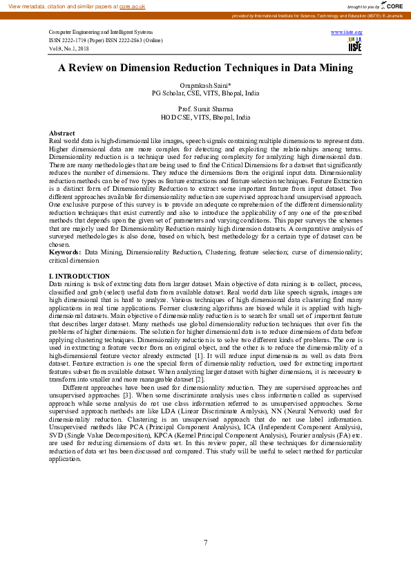 (PDF) A Review on Dimension Reduction Techniques in Data Mining