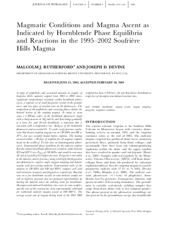 (PDF) Magmatic Conditions and Magma Ascent as Indicated by Hornblende ...