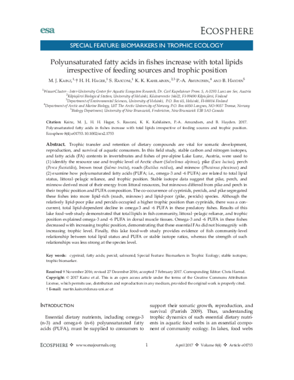 (PDF) Polyunsaturated fatty acids in fishes increase with total lipids ...