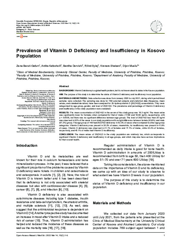 (PDF) Prevalence of Vitamin D Deficiency and Insufficiency in Kosovo ...