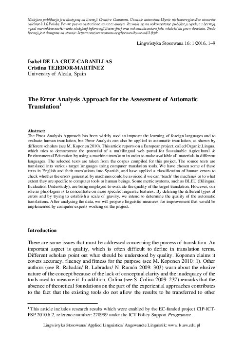 (PDF) The Error Analysis Approach for the Assessment of Automatic ...