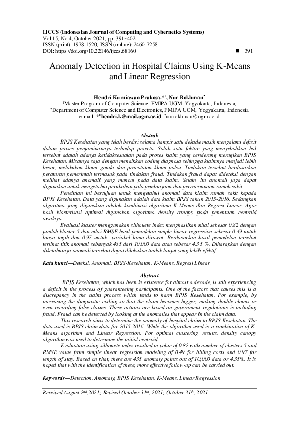 (PDF) Anomaly Detection in Hospital Claims Using K-Means and Linear ...