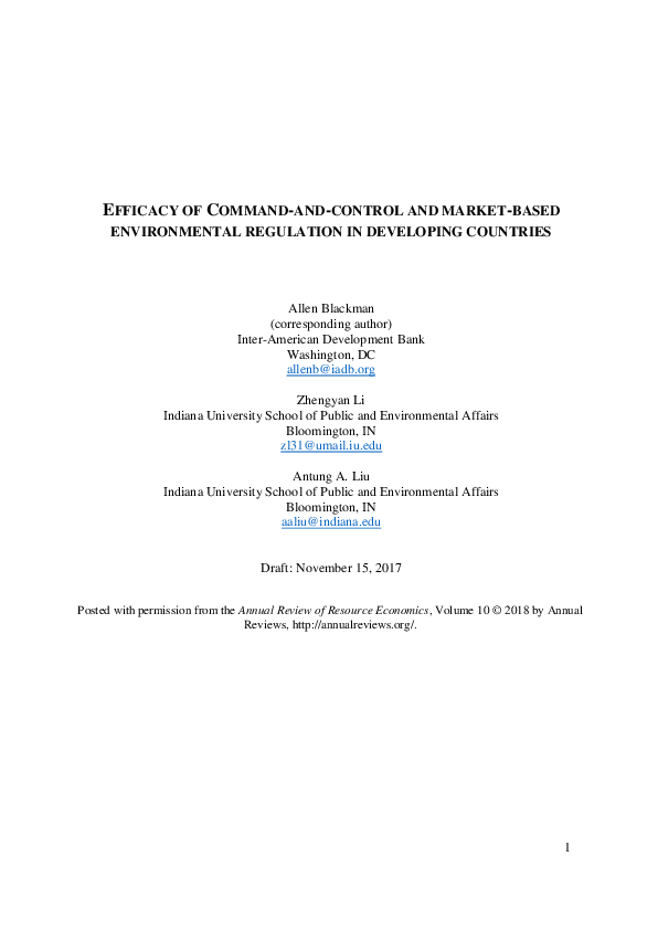 (PDF) Efficacy of Command-and-Control and Market-Based Environmental ...