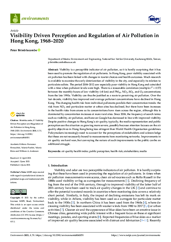 (PDF) Visibility Driven Perception and Regulation of Air Pollution in Hong Kong, 19682020