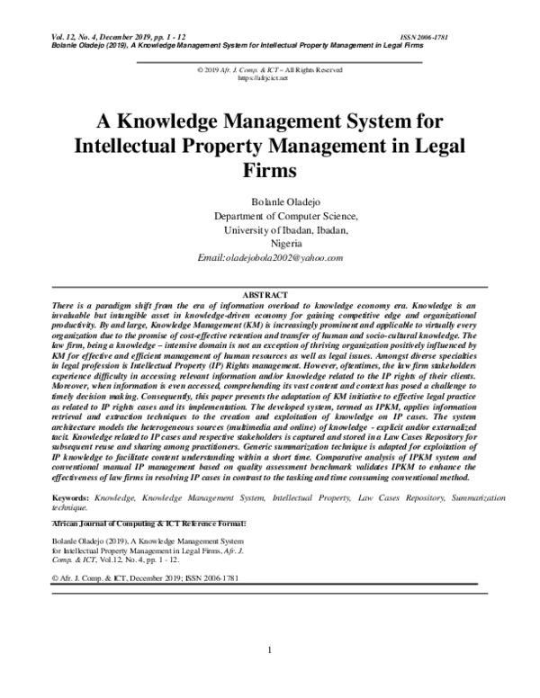 (PDF) A Knowledge Management System for Intellectual Property ...