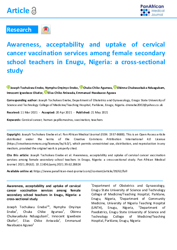 (PDF) The awareness, acceptability and uptake of cervical cancer ...