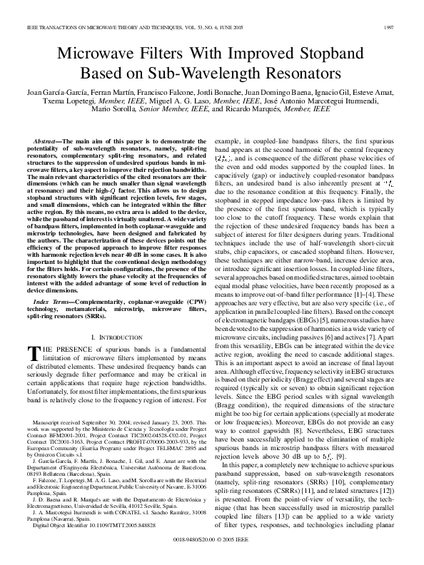 (PDF) Microwave filters with improved stopband based on sub-wavelength ...