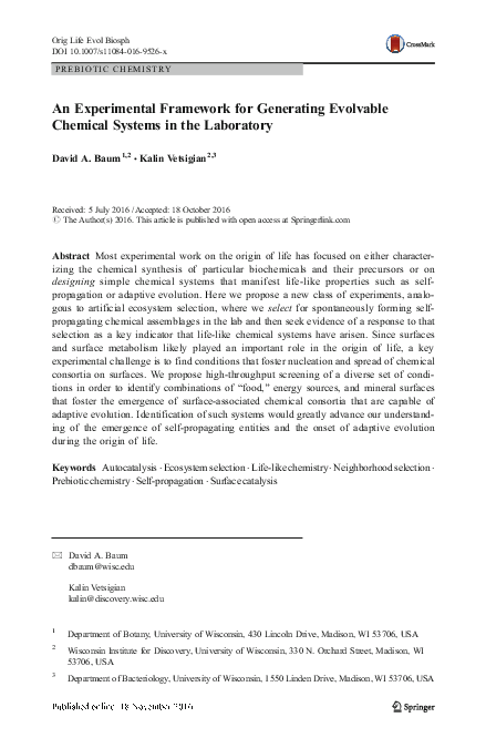 (PDF) An Experimental Framework for Generating Evolvable Chemical ...