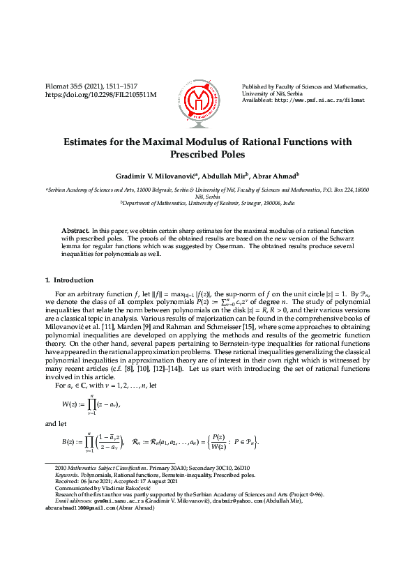 (PDF) Estimates for the maximal modulus of rational functions with ...