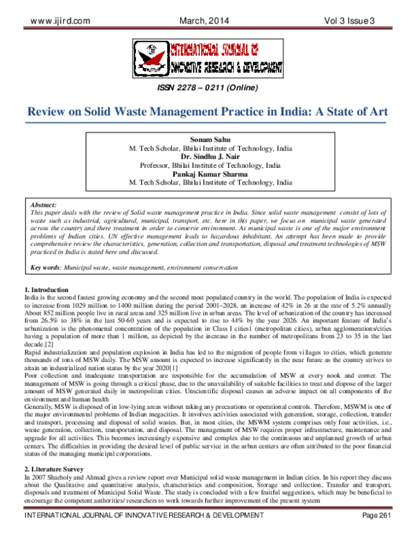 (PDF) Review on Solid Waste Management Practice in India: A State of Art