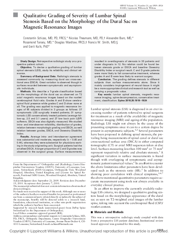 (PDF) Qualitative Grading of Severity of Lumbar Spinal Stenosis Based