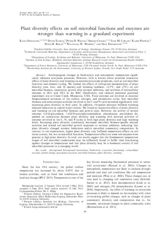 (PDF) Plant diversity effects on soil microbial functions and enzymes ...