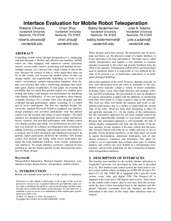(PDF) Interface evaluation for mobile robot teleoperation