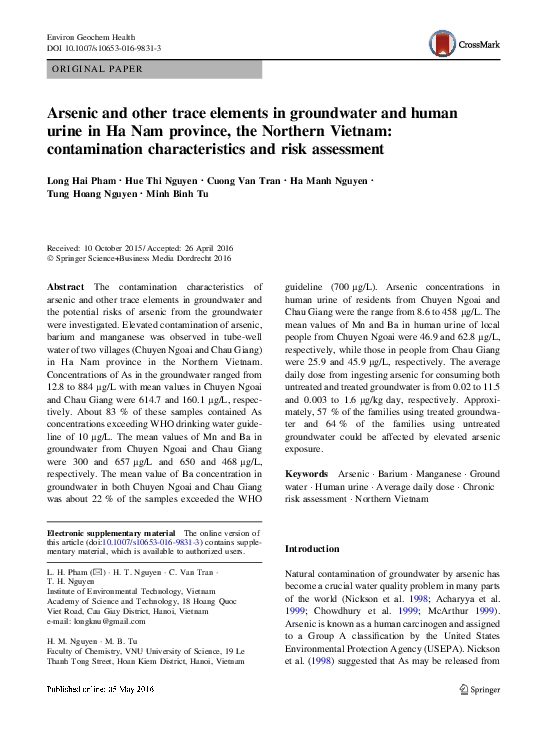 (PDF) Arsenic and other trace elements in groundwater and human urine ...