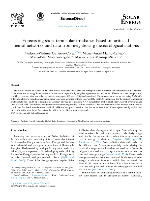 (PDF) Forecasting short-term solar irradiance based on artificial ...