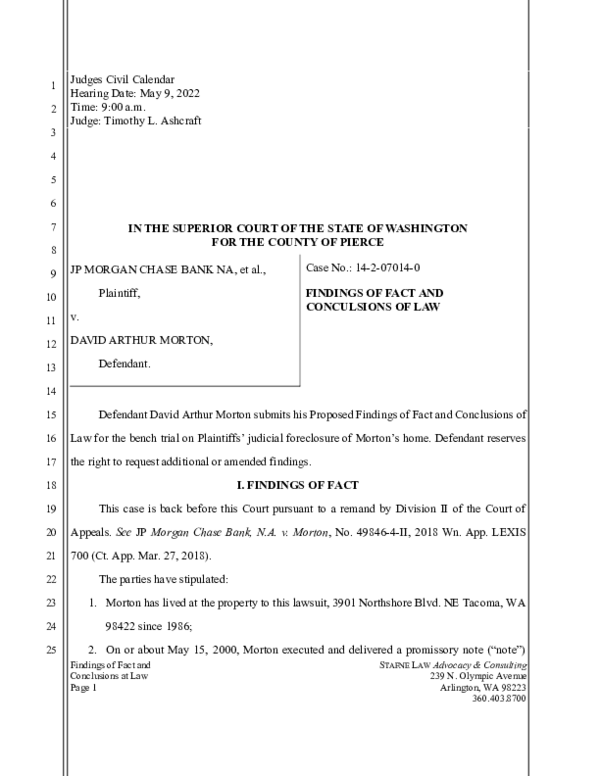 PDF) PIERCE COUNTY WASHINGTON SUPERIOR COURT - JPMorgan Chase Bank v Morton  - Morton's opposition to Bank's motion to strike jury demand | Scott Stafne  - Academia.edu