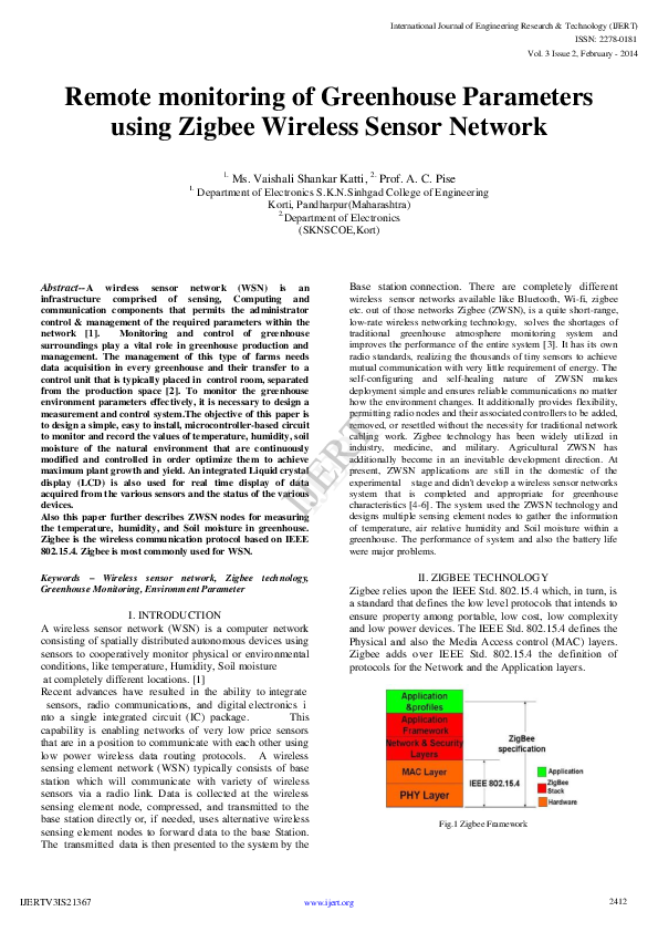 (PDF) Remote monitoring of Greenhouse Parameters using Zigbee Wireless ...