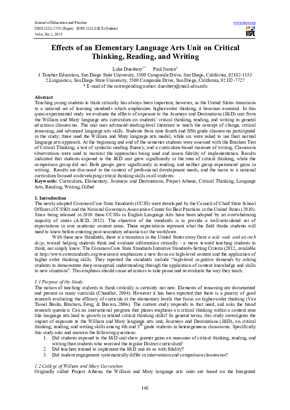 (PDF) Effects of an Elementary Language Arts Unit on Critical Thinking ...