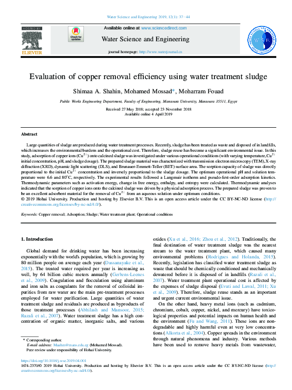 (PDF) Evaluation of copper removal efficiency using water treatment sludge