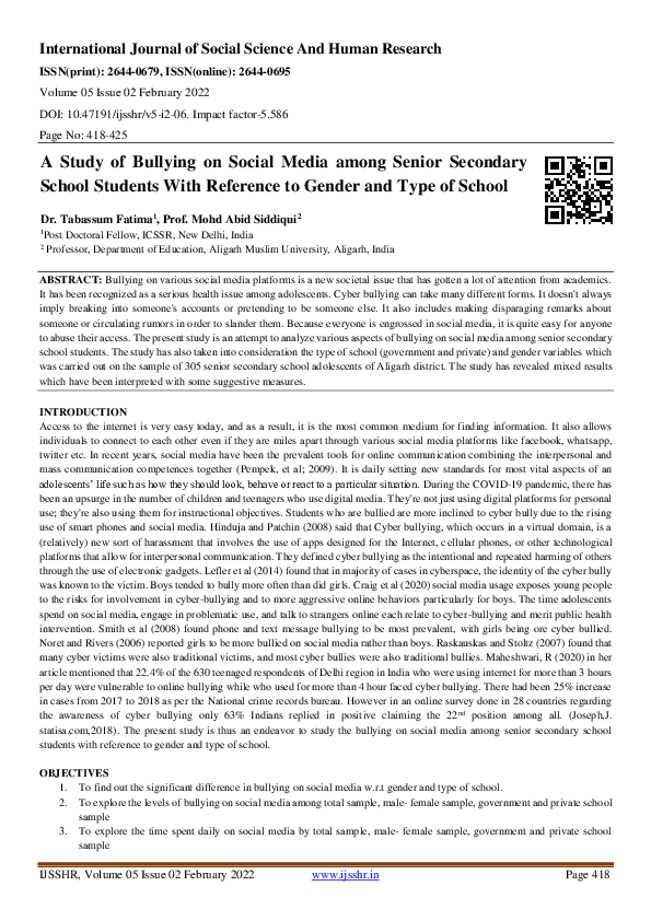 (PDF) A Study of Bullying on Social Media among Senior Secondary School ...
