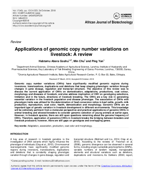(PDF) Applications of genomic copy number variations on livestock: A review